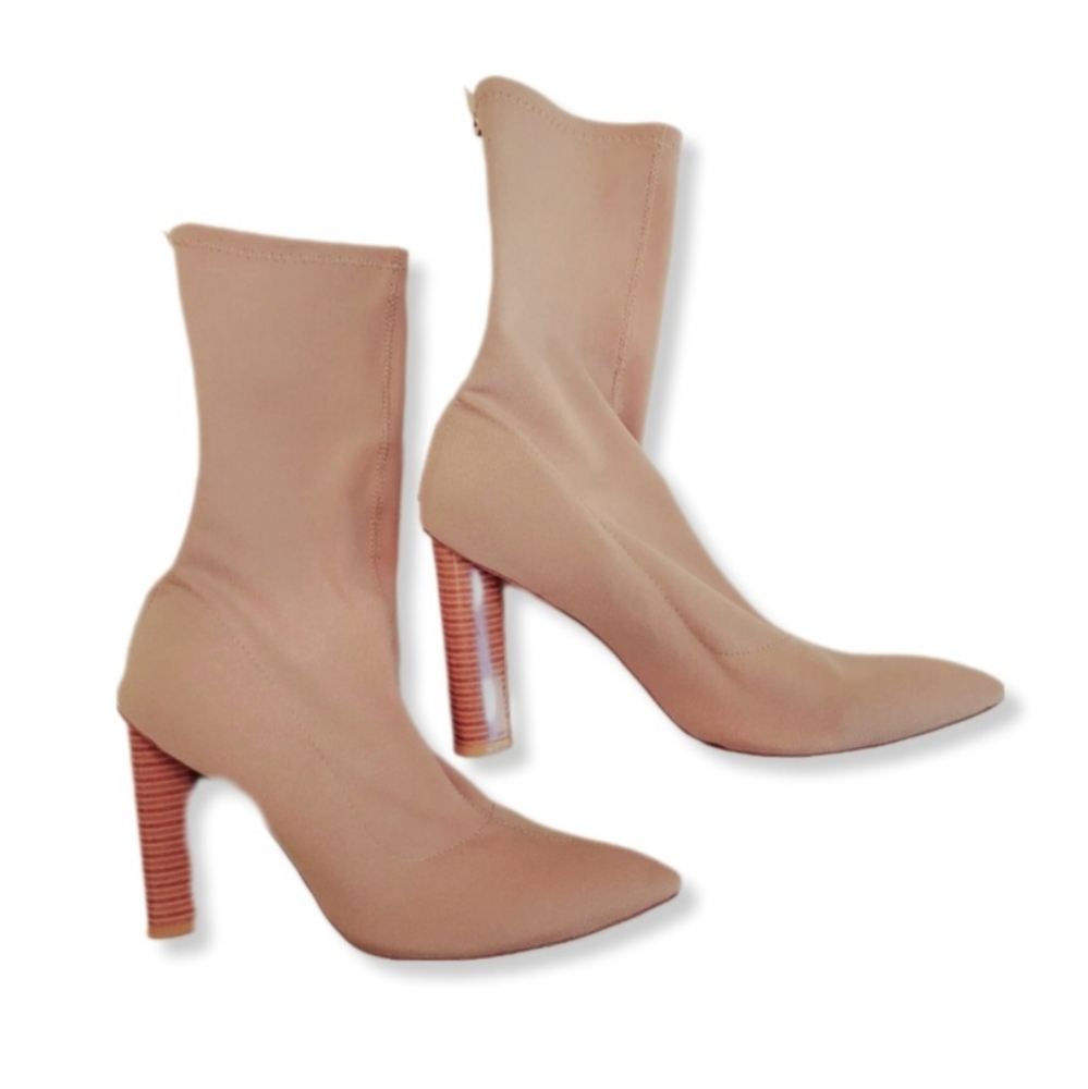 Lola Shoetique Boots Tan Stretch Material Mid Calf Back Zip Block Heel S…